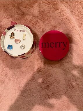Kohl's Merry Red Round Pushpin Box with Assorted Dog-Themed Pins